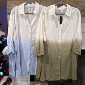 D&Co. Active Women's Ombre Green Blue Button-Up Shirt Linen Blend Size 3X